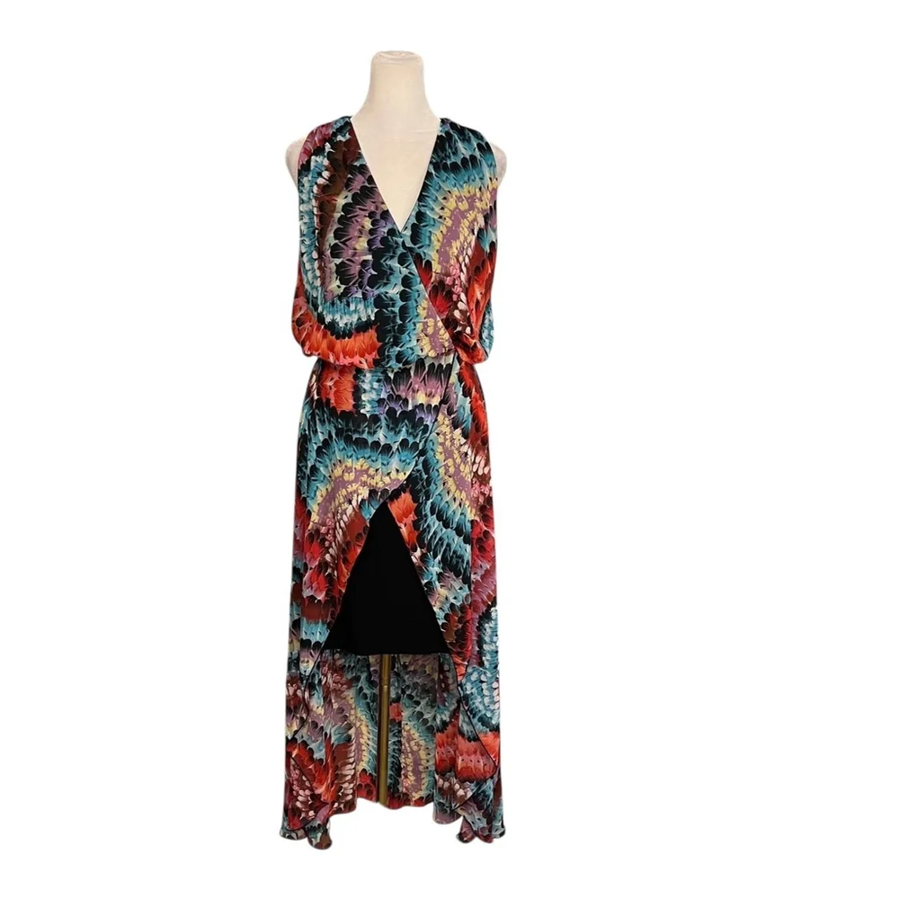 Joseph Ribkoff Vneck Feather Print Faux Wrap Chiffon Dress Size 10